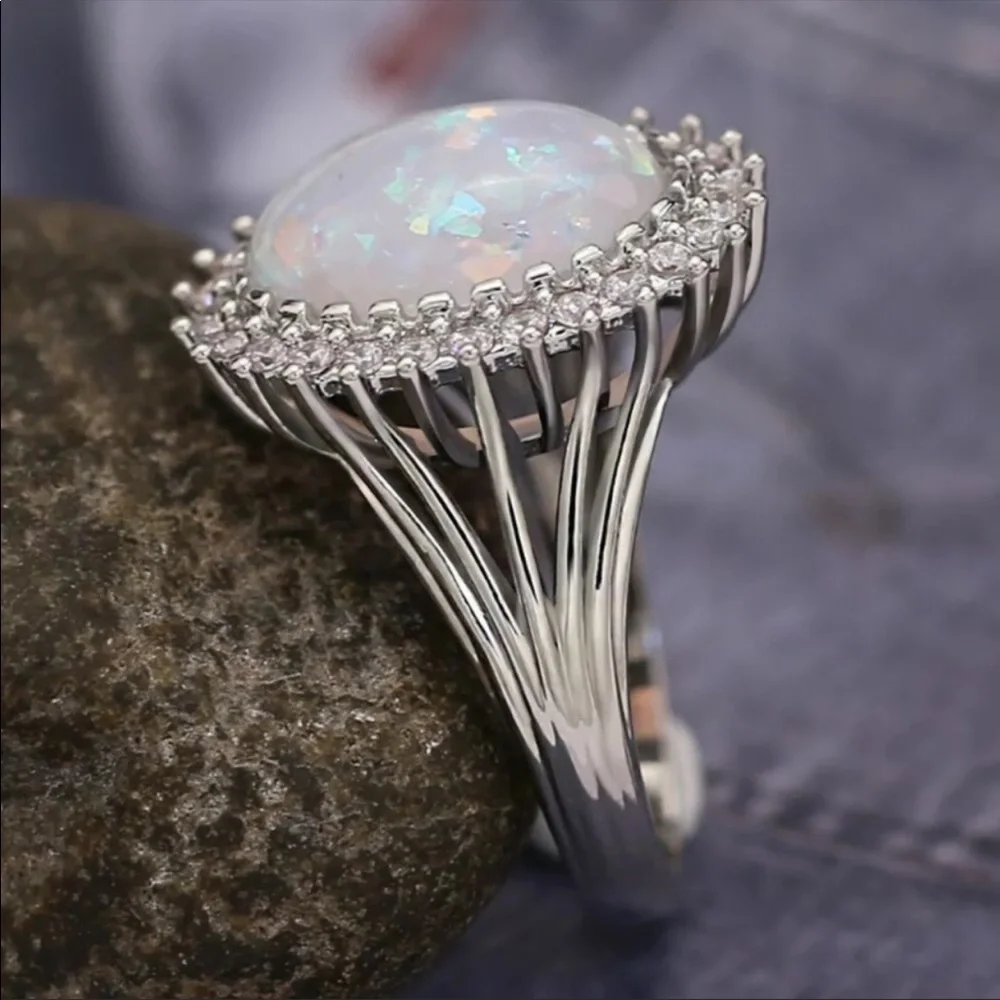 NEW Women’s 925 Silver White Opal Diamond Ring - Picture 2 of 4